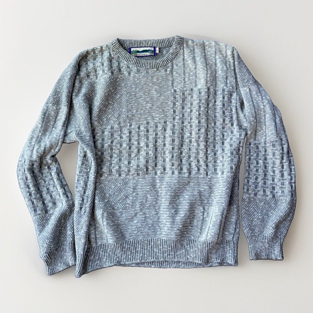 VTG Shenandoah Grandpa Sweater Mens L Gray Beige Basketweave Textured Knit 90s